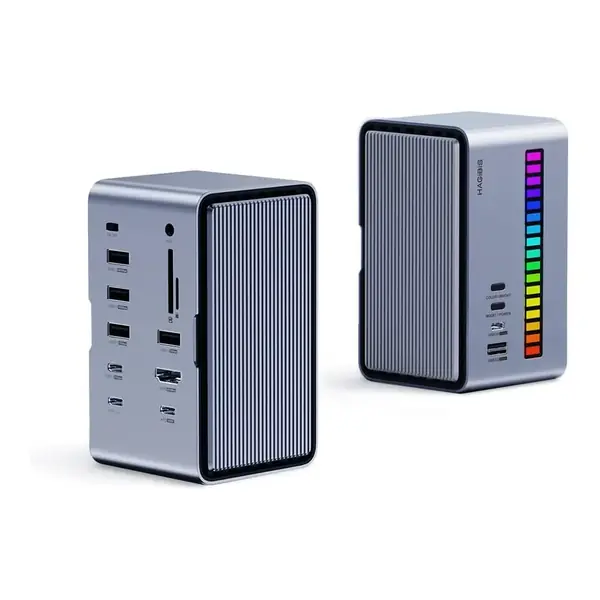 Hagibis USB C Docking Station External Monitor, LED Strip Light USB-C Hub Type-C Adapter with HDMI, M.2 SSD Enclosure, 100W Power Delivery